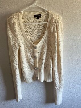 Express Cream Open-Weave V-Neck Button-Up Cardigan